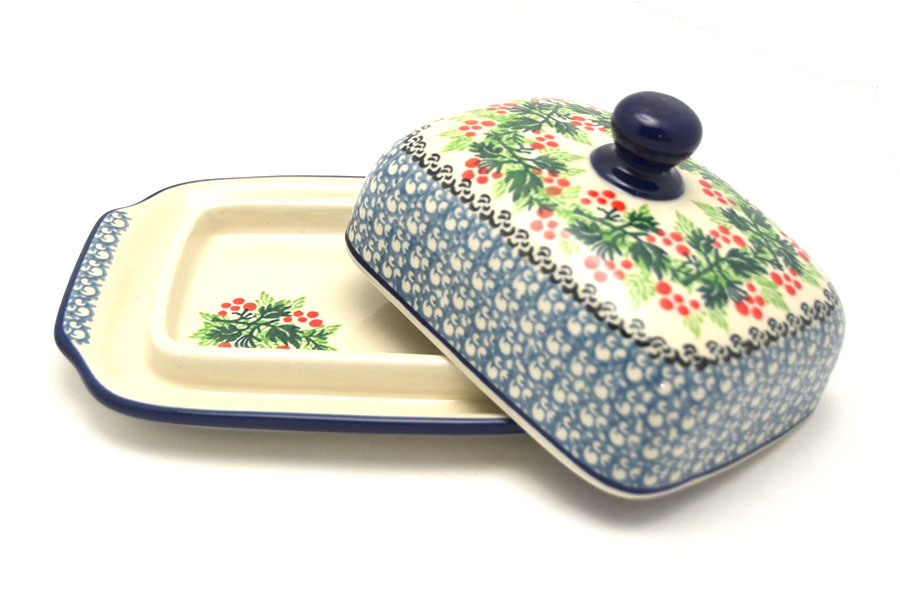 Polish Pottery Butter Dish - Holly Berry Image a
