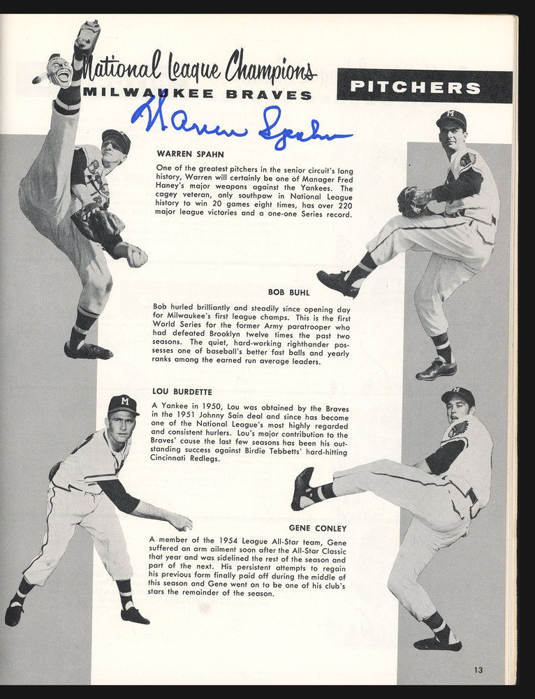 Hank Aaron Autographed Signed 1957 Milwaukee Braves World Series Program With 5 Total Signatures Including & Warren Spahn Beckett Beckett Image a