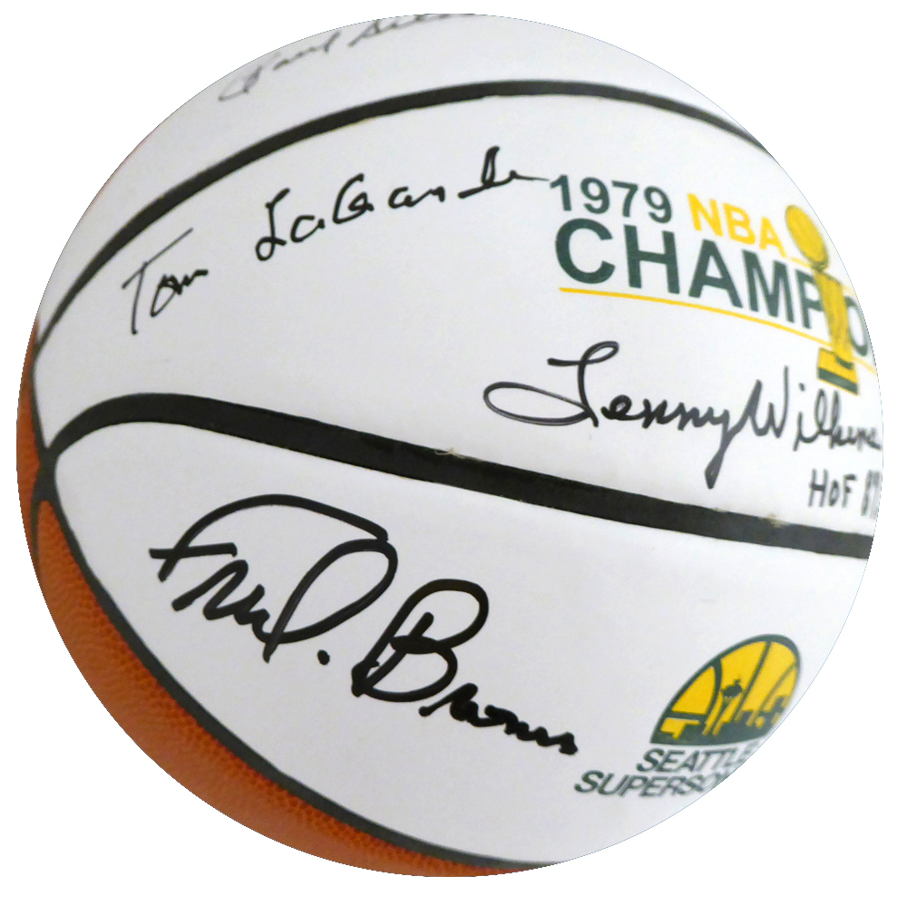 1978-79 NBA Champions Seattle Supersonics Multi Signed Autographed Basketball With 9 Signatures Including Fred Brown & Lenny Wilkens "HOF 89, 98, 10" Mcs Holo #145852 Image a