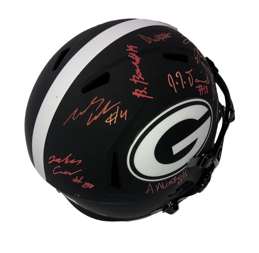 2021 National Champions Team Autographed Signed Georgia Bulldogs Riddell Eclipse Speed Replica Helmet with 9 Sigs in Red - Beckett QR Authentic Image a