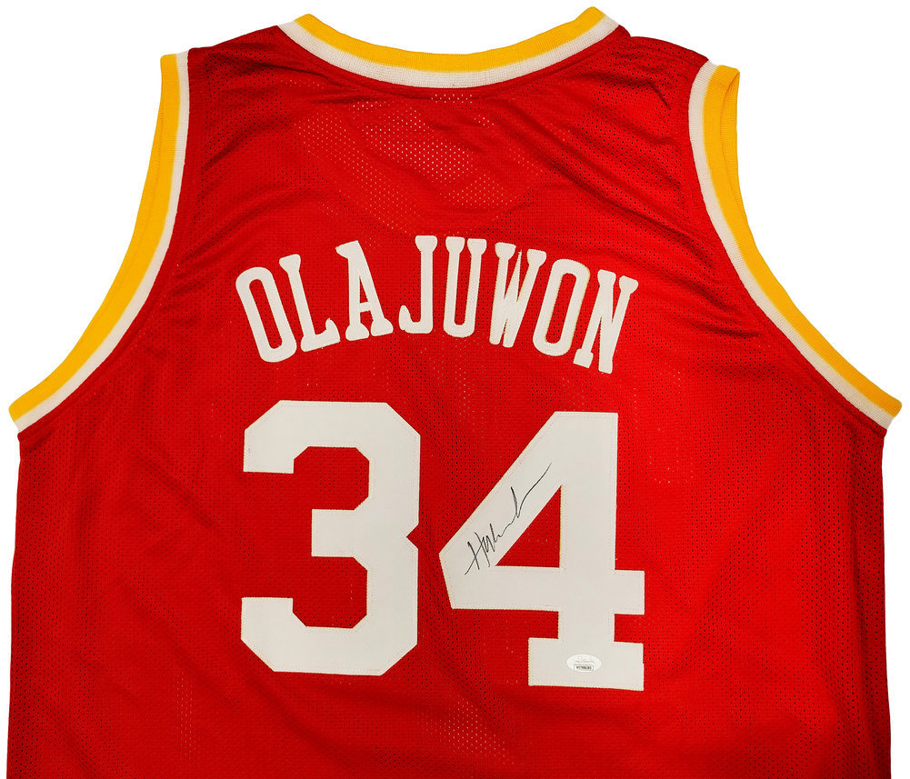 Houston Rockets Hakeem Olajuwon Autographed Red Jersey The Dream JSA Image a
