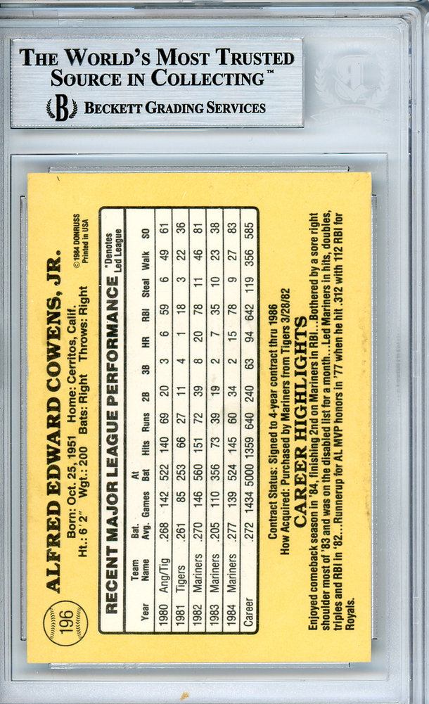 Al Cowens Autographed 1985 Donruss Card #196 Seattle Mariners Beckett Beckett Image a