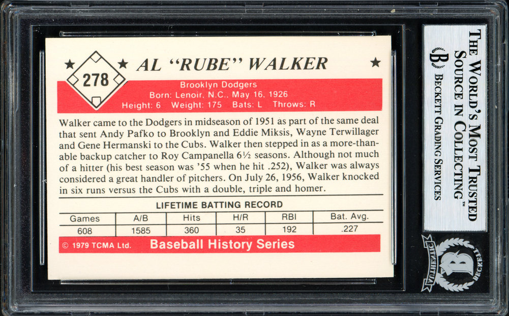 Al "Rube" Walker Autographed 1979 Tcma Card #278 Brooklyn Dodgers Beckett Beckett Image a