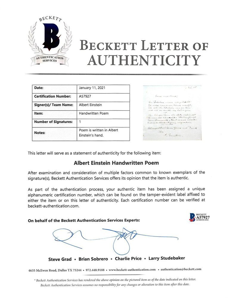 Albert Einstein Autographed Signed Authentic & Framed Handwritten Poem Beckett Image a