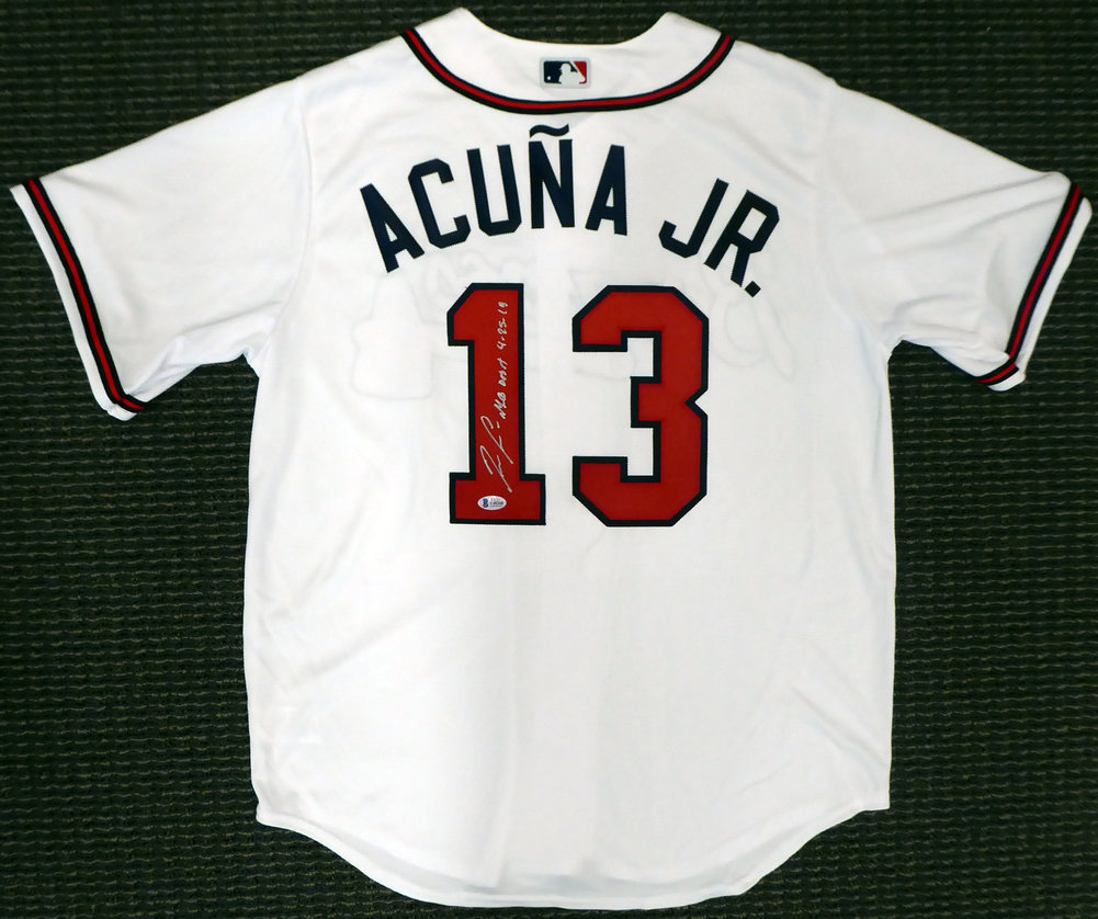 Atlanta Braves Ronald Acuna Jr. Autographed Signed Majestic Cool Base White Jersey Size L "MLB Debut 4-25-18" Beckett Beckett Image a