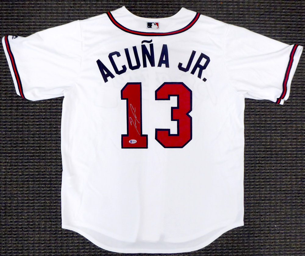 Atlanta Braves Ronald Acuna Jr. Autographed Signed White Majestic Cool Base Jersey Size L Beckett Beckett Image a