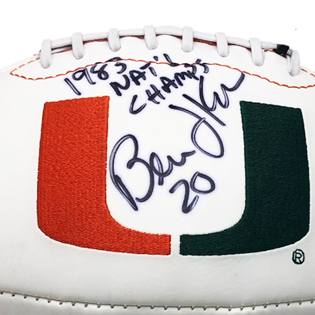 Bernie Kosar Miami Hurricanes Autographed Signed White Panel Logo Football 1983 Nat'l Champs Inscription- PSA/DNA Authentic Image a
