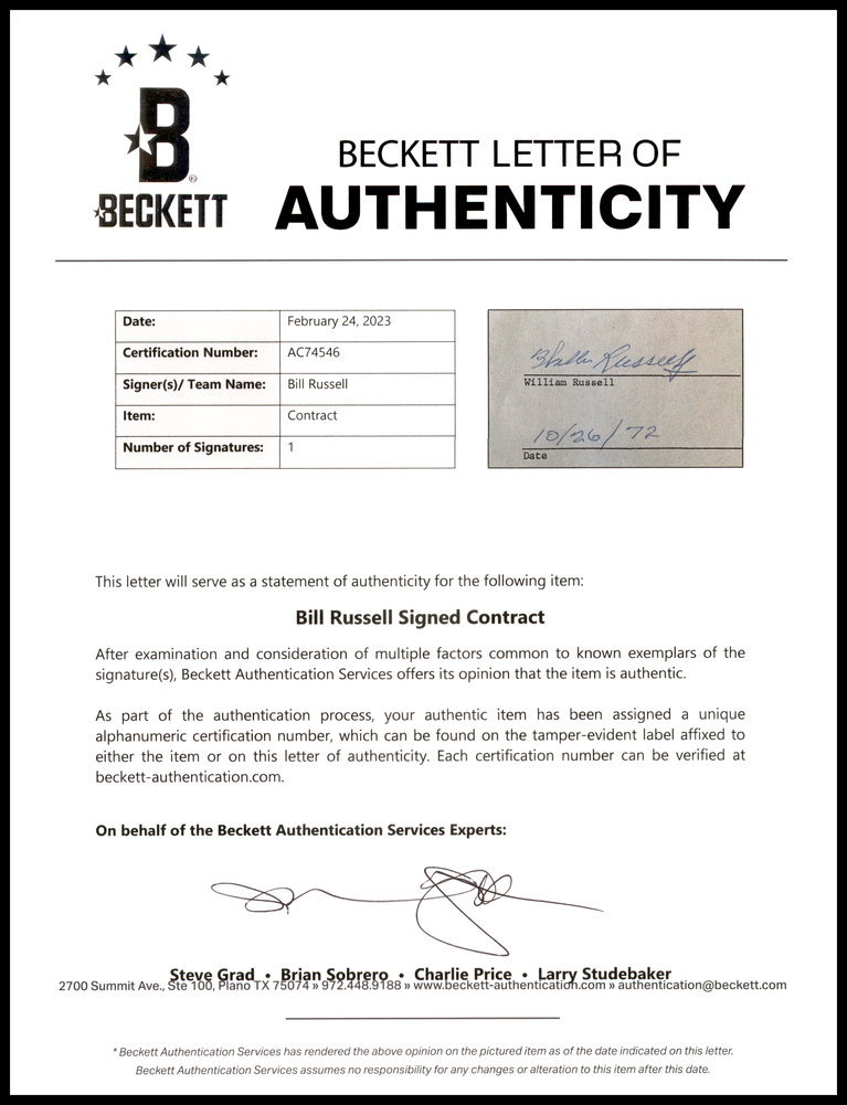 Bill Russell Autographed 1972 Advertising Document Contract Boston Celtics Beckett Beckett Image a