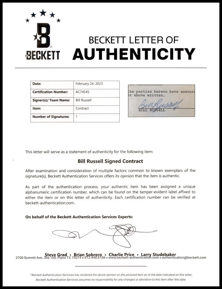 Bill Russell Autographed 1973-74 Newspaper Contract Boston Celtics Beckett Beckett Image a
