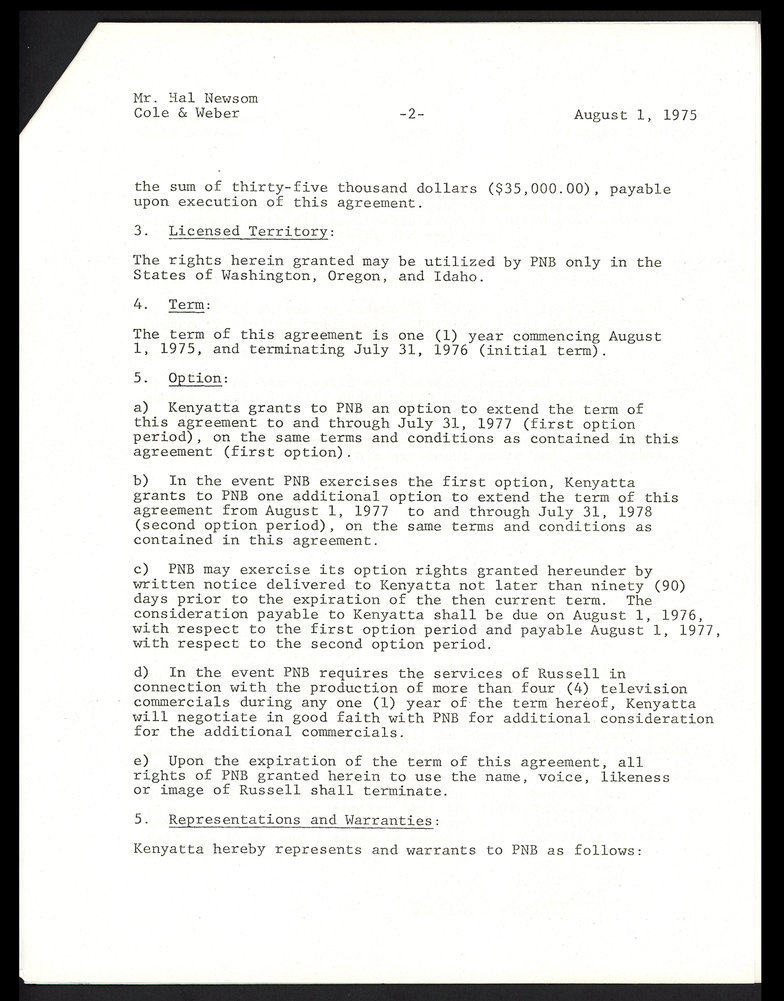 Bill Russell Autographed 1975 Tv Contract Boston Celtics Beckett Beckett Image a