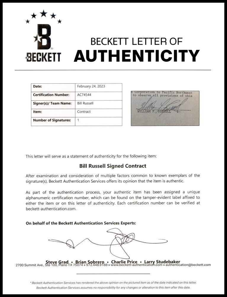 Bill Russell Autographed 1975 Tv Contract Boston Celtics Beckett Beckett Image a
