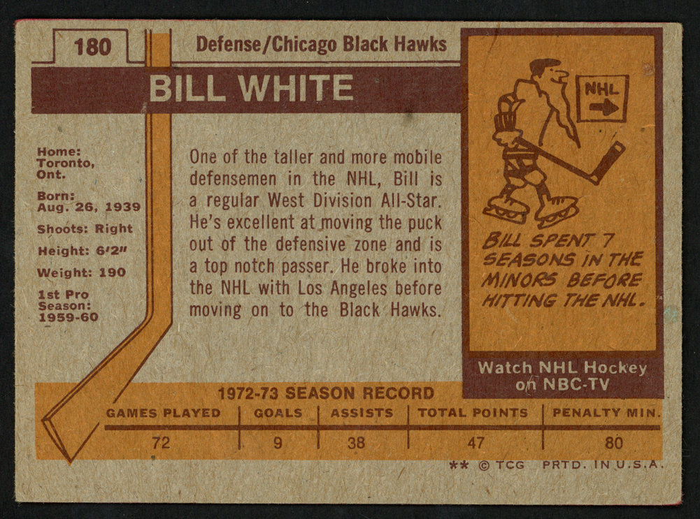 Bill White Autographed 1973-74 Topps Card #180 Chicago Blackhawks #149981 Image a