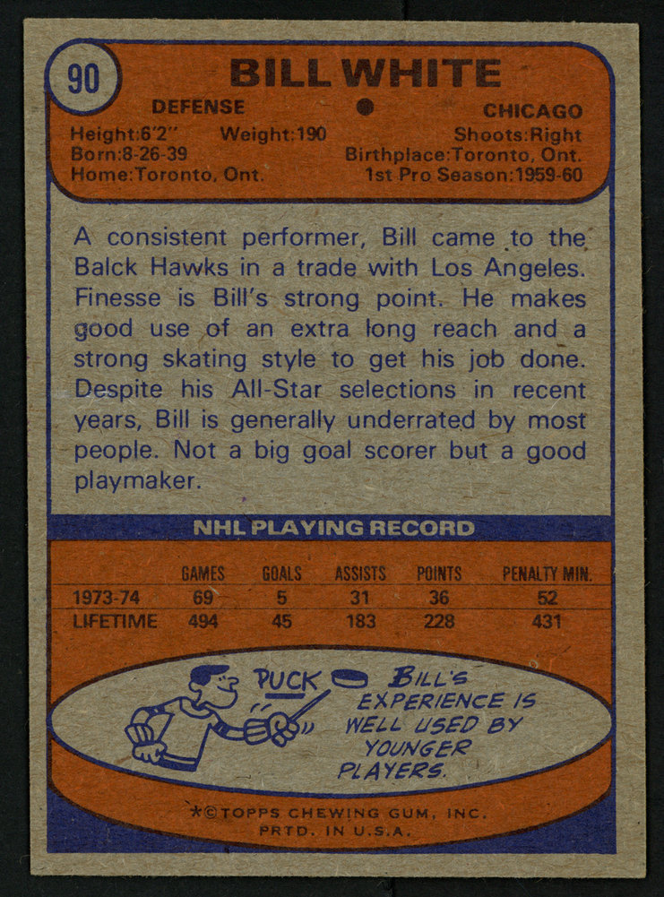Bill White Autographed 1974-75 Topps Card #90 Chicago Blackhawks #150089 Image a