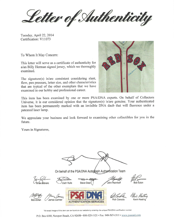 Boston Red Sox Billy Herman Autographed White Jersey PSA/DNA Image a