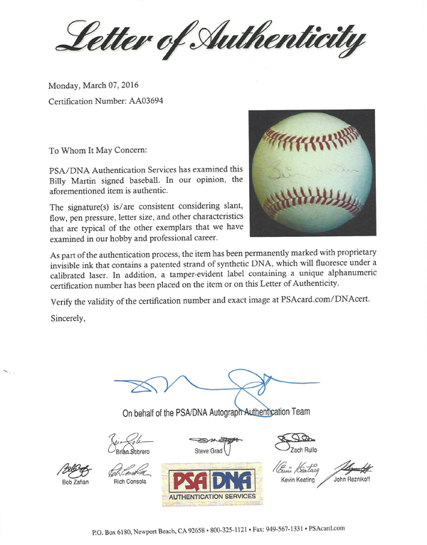Billy Martin Autographed Official Al Baseball New York Yankees PSA/DNA Image a