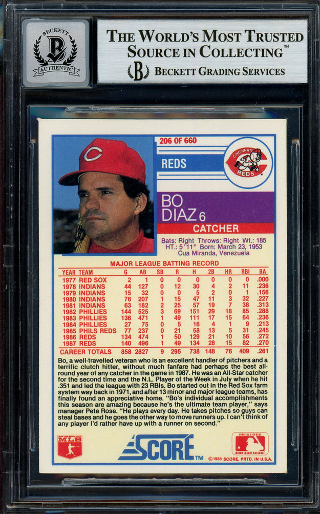 Bo Diaz Autographed Signed 1988 Score Card #206 Cincinnati Reds Auto Grade Gem Mint 10 Beckett Beckett Image a