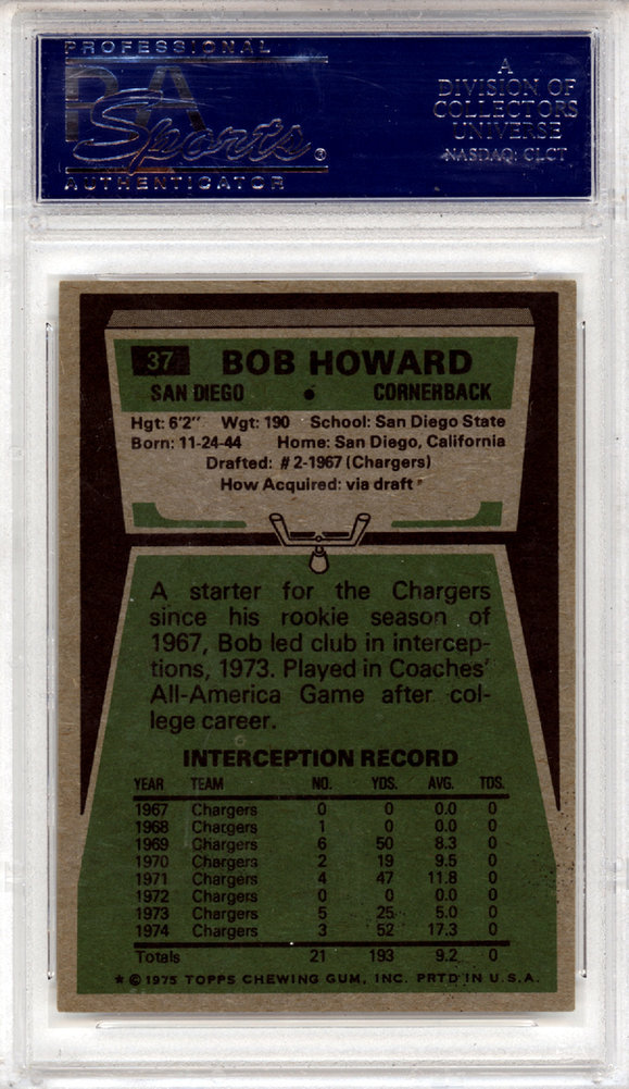 Bob Howard Autographed Signed 1975 Topps Card #37 San Diego Chargers PSA/DNA Image a
