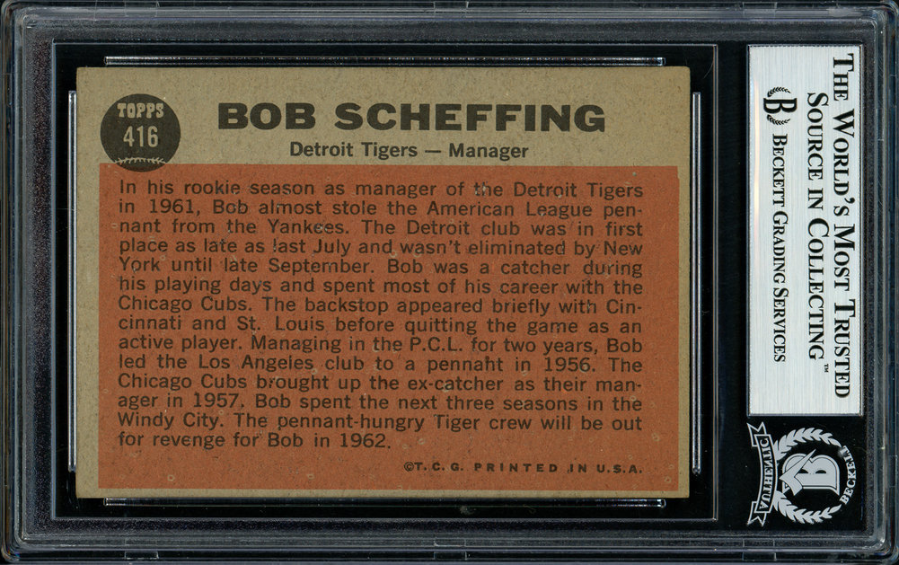 Bob Scheffing Autographed 1962 Topps Card #416 Detroit Tigers Beckett Beckett Image a