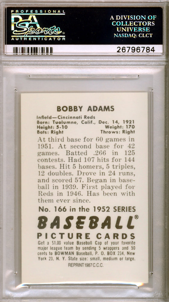 Bobby Adams Autographed Signed 1987 1952 Bowman Reprint Card #166 Cincinnati Reds PSA/DNA Image a