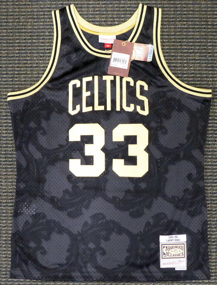 Celtics Larry Autographed Signed Boston Bird Black Mitchell & Ness Gold Toile Swingman Jersey Size L Beckett Beckett Image a