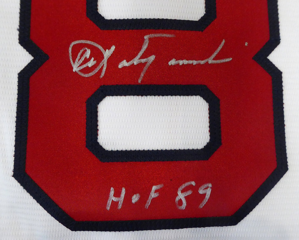 Carl Yastrzemski Autographed Signed Boston Red Sox Framed White Majestic Cool Base Jersey HOF 89 Beckett Beckett Image a