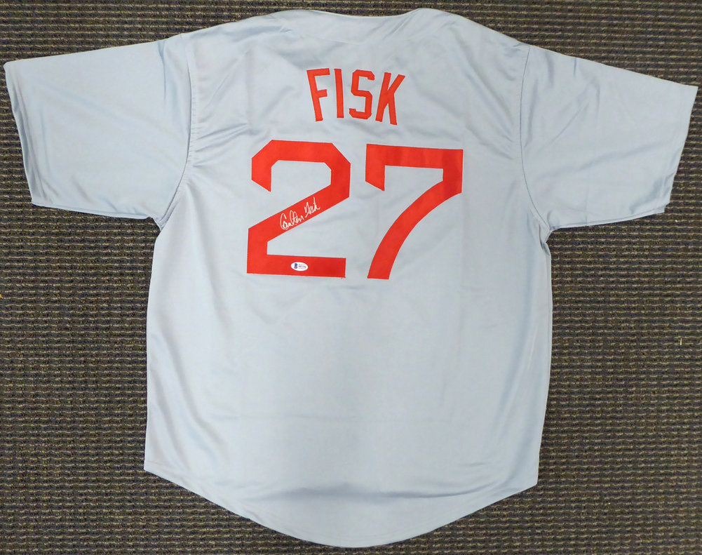 Carlton Fisk Autographed Signed Boston Red Sox Framed Gray Jersey Beckett Beckett Image a