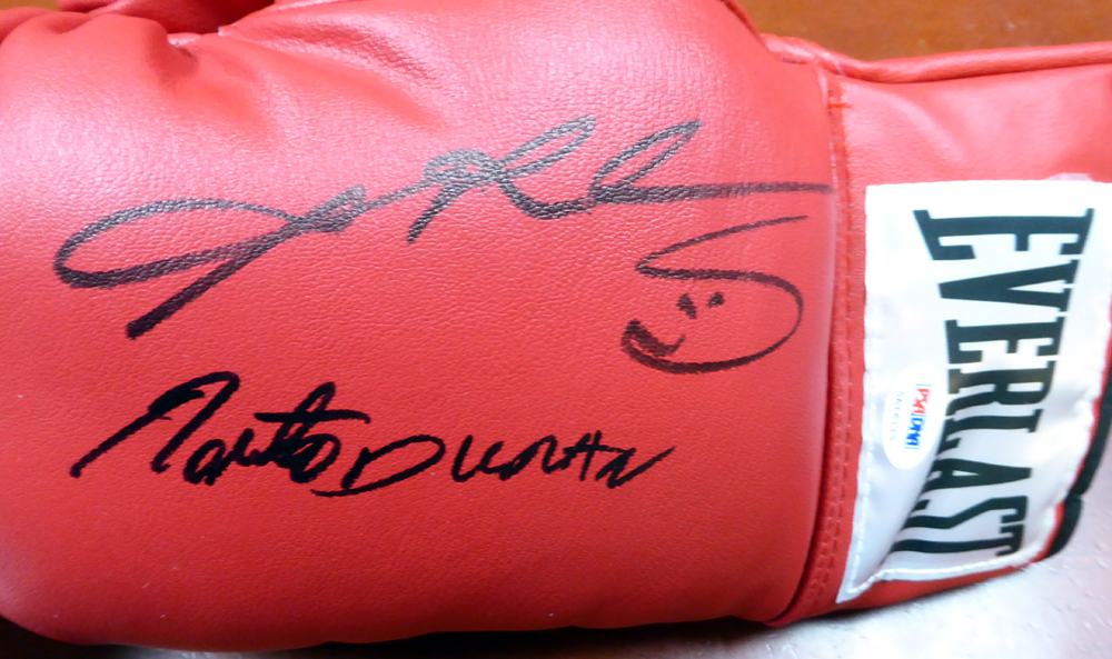 Red Everlast Red Autographed Signed Boxing Greats Boxing Glove With 3 Signatures Including Sugar Ray Leonard, Thomas Hearns & Roberto Duran Lh PSA/DNA #113694 Image a