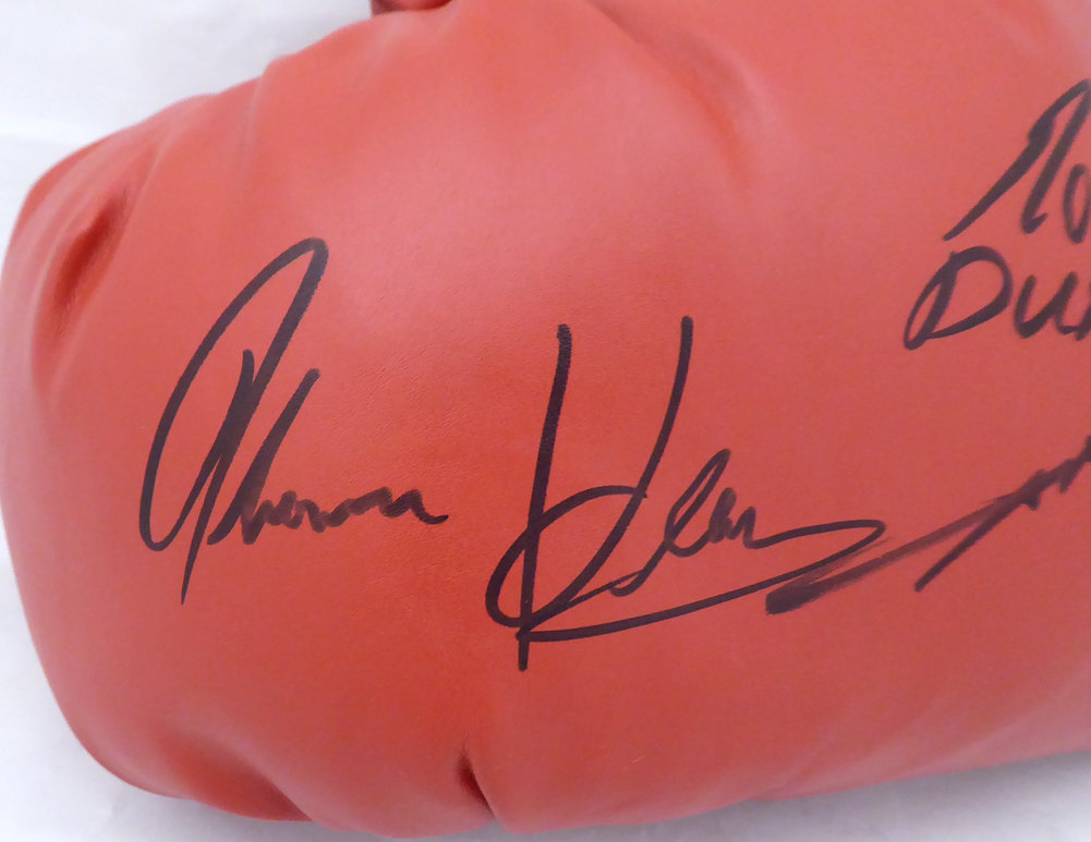 Red Everlast Red Autographed Signed Boxing Greats Boxing Glove With 3 Total Signatures Including Sugar Ray Leonard, Thomas Hitman Hearns & Roberto Duran Lh Beckett Beckett #177569 Image a