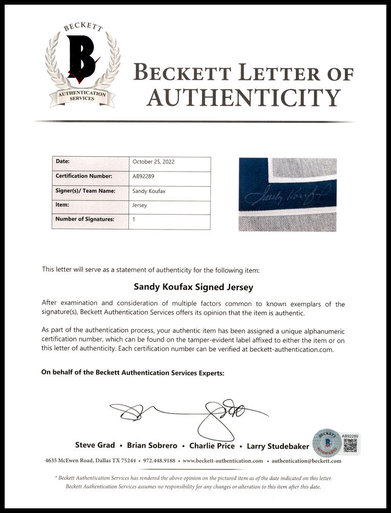 Brooklyn Dodgers Sandy Koufax Autographed Framed Grey Jersey Beckett Beckett Image a