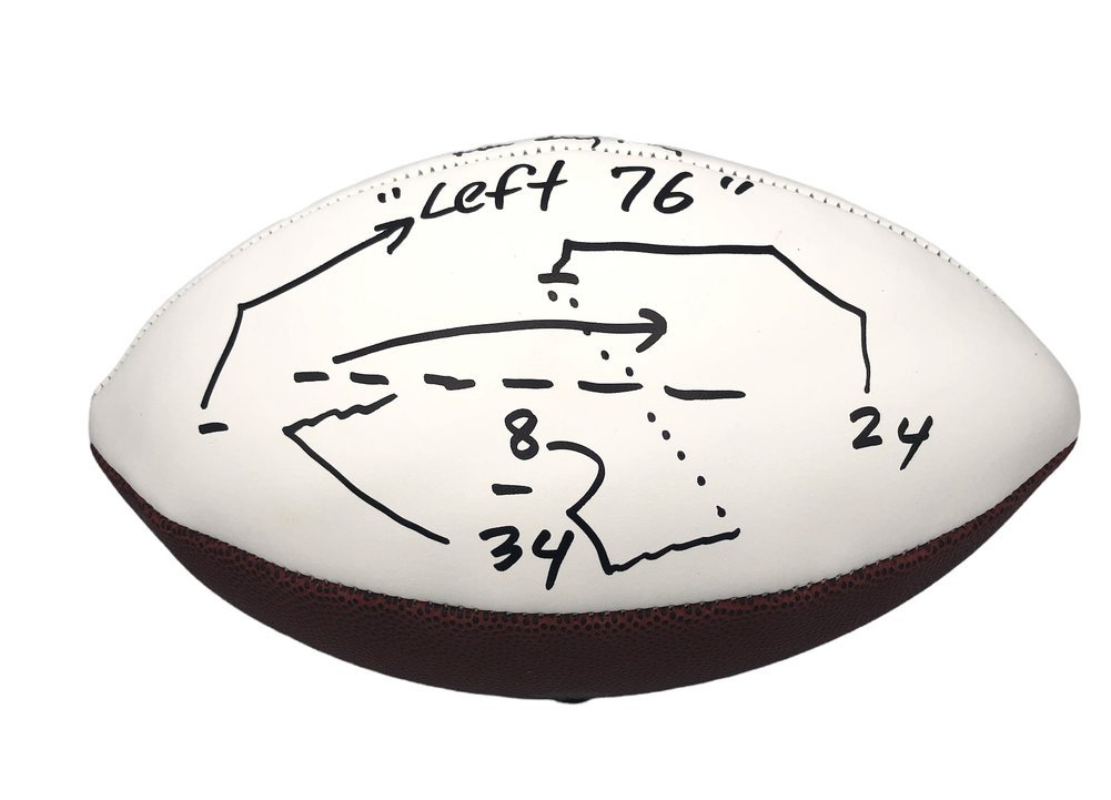 Buck Belue & Lindsay Scott Autographed Signed Georgia Bulldogs White Panel Football with Left 76 Play Design and Run Lindsay Run Inscription - Beckett QR Authentic Image a