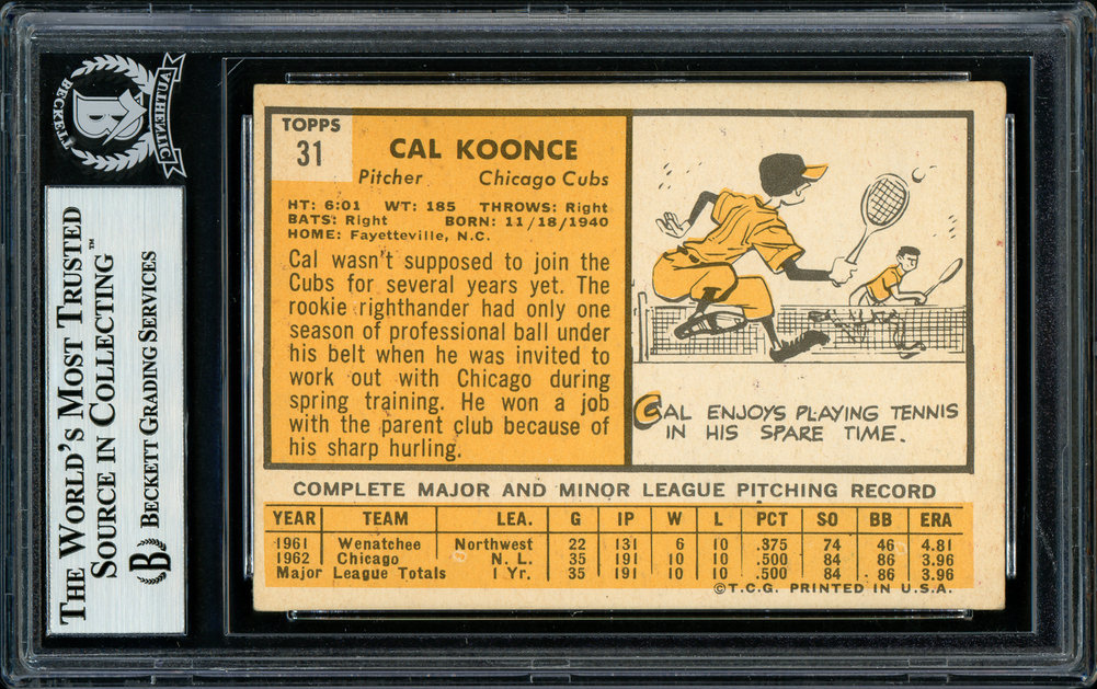 Cal Koonce Autographed 1963 Topps Rookie Card #31 Chicago Cubs Beckett Beckett Image a