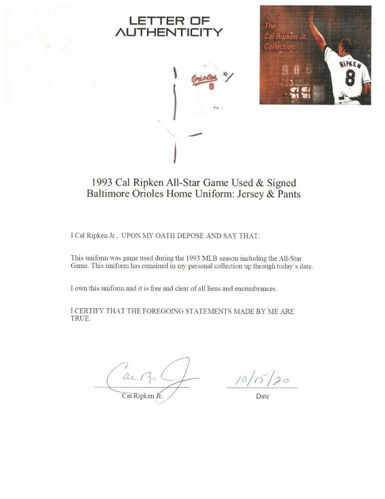 Cal Ripken Jr. Autographed Signed . 1993 Game Used 1993 All Star Game Jersey & Pants JSA COA Image a