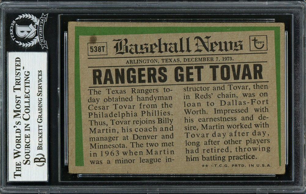 Cesar Tovar Autographed 1974 Topps Traded Card #538T Texas Rangers Beckett Beckett Image a