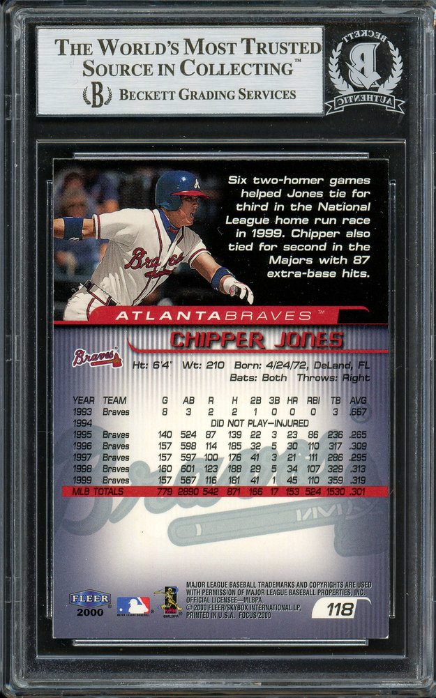 Chipper Jones Autographed 2000 Fleer Focus Card #118 Atlanta Braves Beckett Beckett Image a