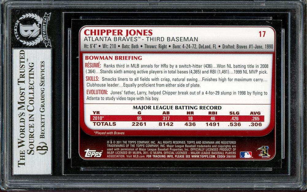 Chipper Jones Autographed 2011 Bowman Card #17 Atlanta Braves Beckett Beckett Image a