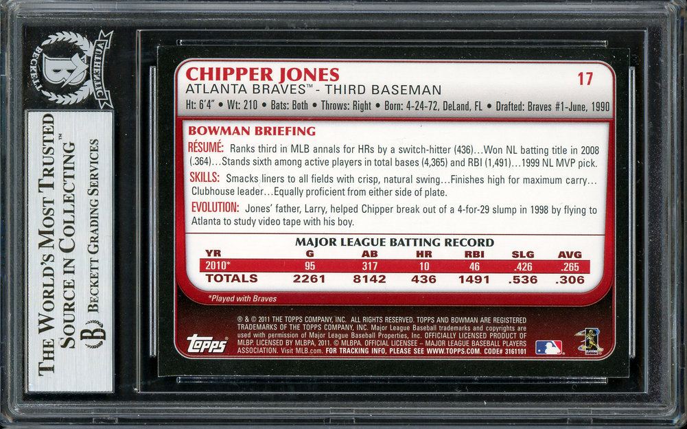 Chipper Jones Autographed 2011 Bowman Card #17 Atlanta Braves Beckett Beckett Image a