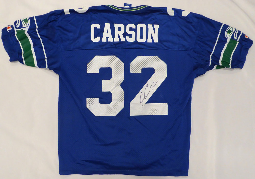 Seattle Seahawks Chris Carson Autographed Custom Blue Champion Jersey JSA Image a
