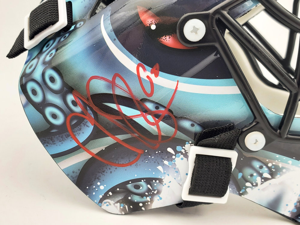 Chris Driedger Autographed Seattle Kraken Blue Mini Goalie Mask Fanatics Holo #200292 Image a