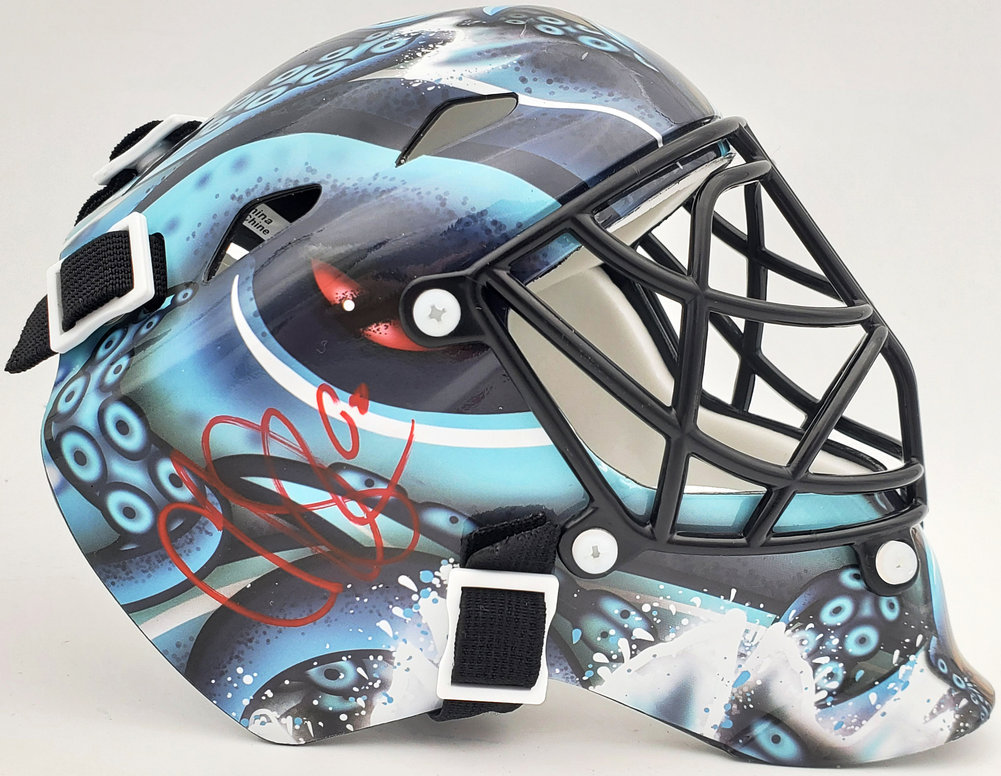 Chris Driedger Autographed Seattle Kraken Blue Mini Goalie Mask Fanatics Holo #200292 Image a