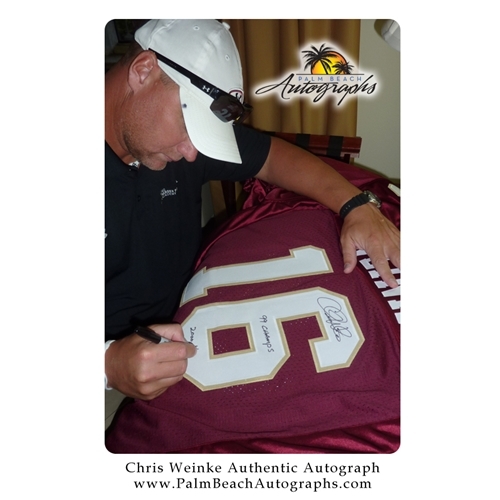 Chris Weinke Autographed Signed Fsu Florida State Seminoles (Garnet #16) Deluxe Framed Jersey With 99 Champs, 2000 Heisman Image a