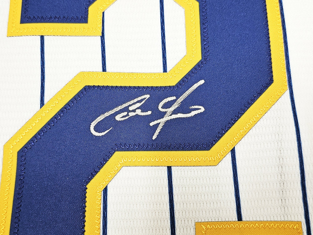 Milwaukee Brewers Christian Yelich Autographed White Pinstripe Majestic Jersey Size M JSA Image a