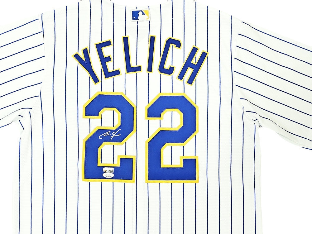 Milwaukee Brewers Christian Yelich Autographed White Pinstripe Majestic Jersey Size M JSA Image a
