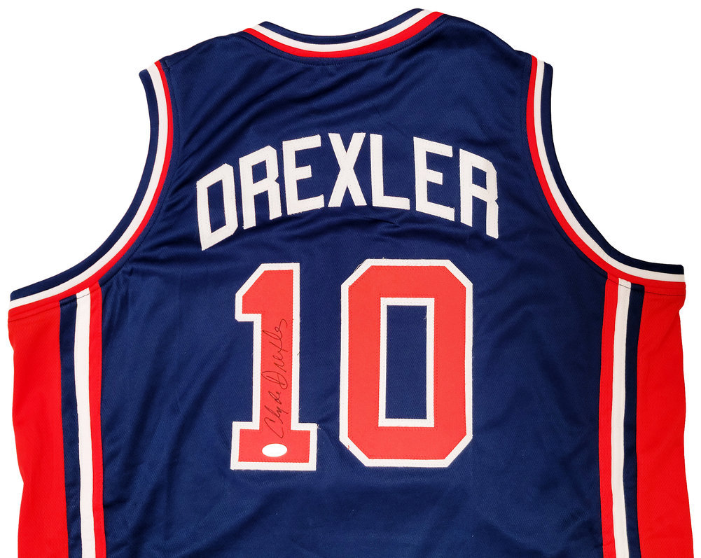 Team Usa Clyde Drexler Autographed Blue Jersey The Glide JSA Image a