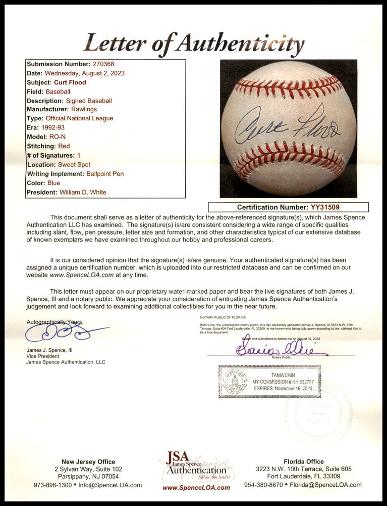 Curt Flood Autographed Official Nl Baseball St. Louis Cardinals Single Signed JSA Image a