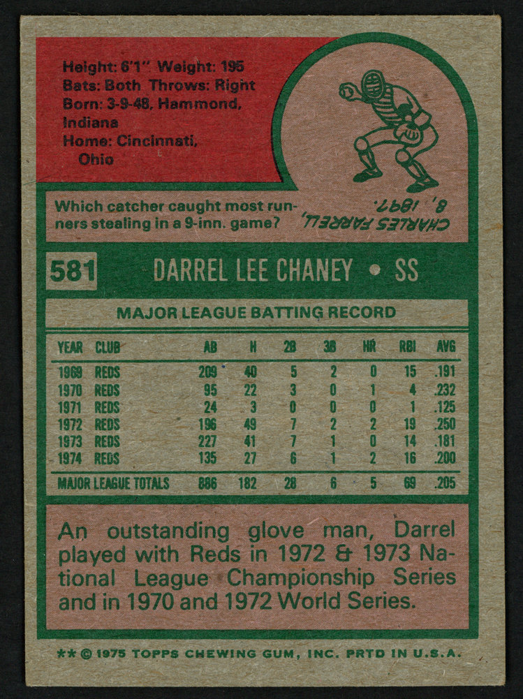 Darrel Chaney Autographed Signed 1975 Topps Card #581 Cincinnati Reds #151354 Image a
