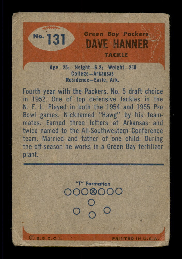 Dave Hanner Autographed 1955 Bowman Card #131 Green Bay Packers #198034 Image a