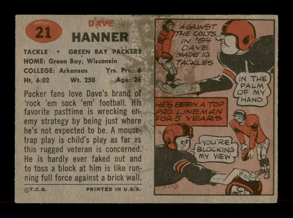 Dave Hanner Autographed 1957 Topps Card #21 Green Bay Packers #198069 Image a