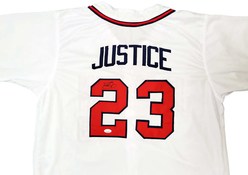 Atlanta Braves Dave Justice Autographed White Jersey A-Town JSA Image a