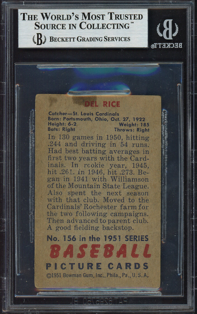 Del Rice Autographed 1951 Bowman Card #156 St. Louis Cardinals Beckett Beckett Image a