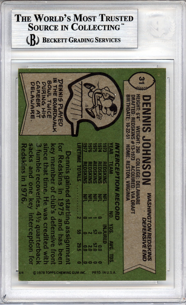 Dennis Johnson Autographed 1978 Topps Card #31 Washington Redskins Beckett Beckett Image a
